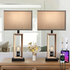 Table Lamps For Living Room Wood Farmhouse Style Set Of 2 With 4 LED Bulbs USB C