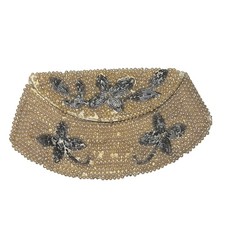 Vintage Handmade Japan Beaded Pearl Clutch Bag Silver Floral Evening Purse Cream
