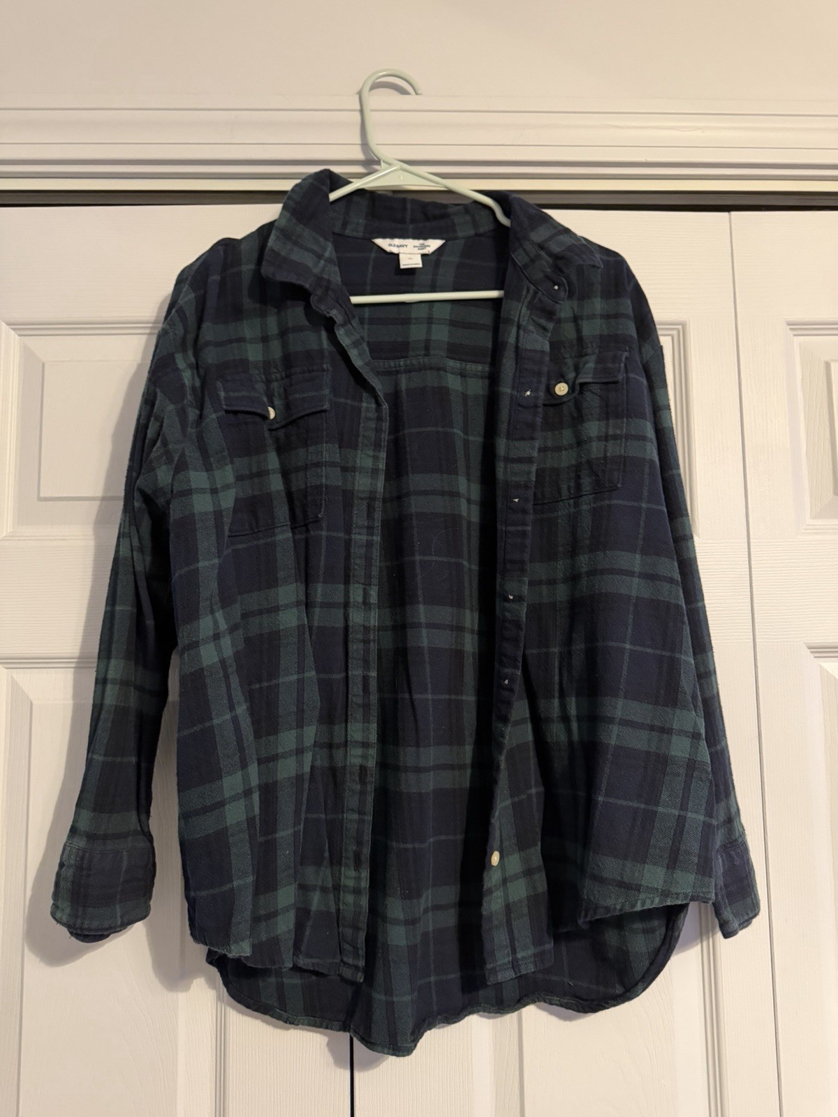 Old Navy Women’s Plaid Boyfriend Flannel Button-Up Shirt Green Blue Long Sleeve