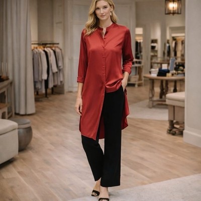 EILEEN FISHER Mandarin Long Shirt S/P Serrano Red Satin Button Tunic R19GVM