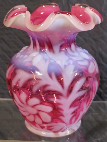 Fenton 4" Cranberry Opalescent Fern Daisy Ruffled Vase Signed Bill Fenton B1 90s