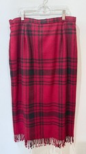 Vintage Red Black Plaid Wool Blend Midi Skirt with Fringe Size 14