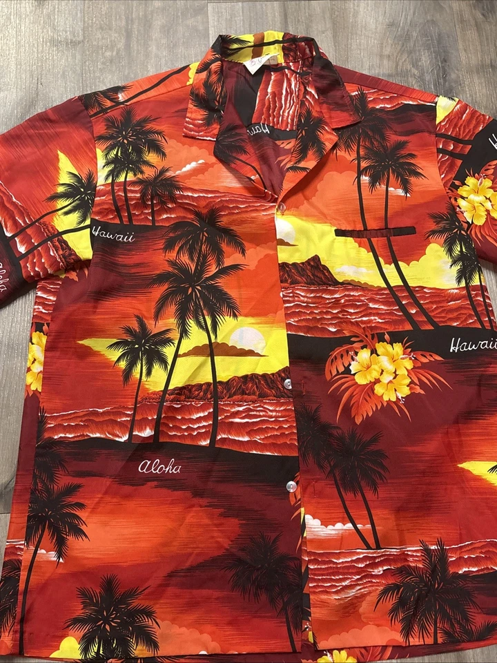 Camisa Hawaiana ROYAL CREATIONS Roja Amarilla Palmeras Grande Hecha en Hawai Foto 2 de 4