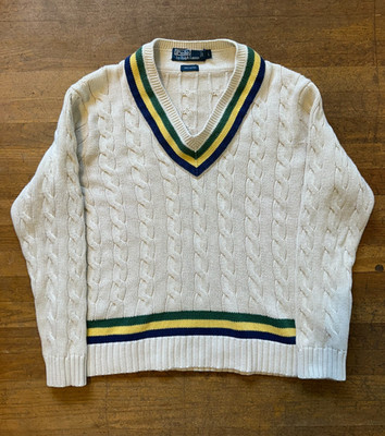 BRAND NEW VTG Polo Ralph Lauren Mens L Tennis Cricket Sweater V Neck Cable Knit