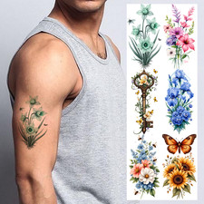 9pcs Temporary Tattoo Colorful Style Orange Roses Purple Flowers White Roses