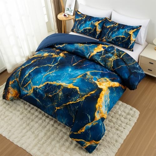 Gold Marble Bedding Comforter Set Size Marbled Bed Sets (Gold) Queen Dark Blue - Bild 4 von 6
