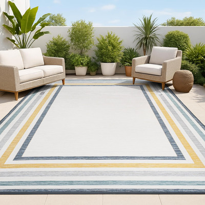 Stripe Reversible Washable Indoor Outdoor Area Rug 3X5 Cream/Navy, Pollux Classi