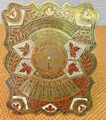 Vintage 84 Year Perpetual Calendar Brass Enamel 1966-2049 Desk Stand Pakistan