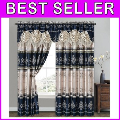 Elegant Jacquard Window Curtain Panel Set with Fancy Valance - Navy Blue