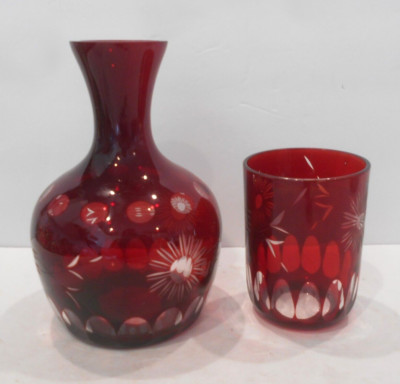 Ruby Red Cut to Clear Glass Tumble Up Bedside Decanter Bohemian