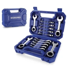 WORKPRO 14PC Ratcheting Combination Stubby Wrench Set Metric 10-18mm SAE 3/8-3/4