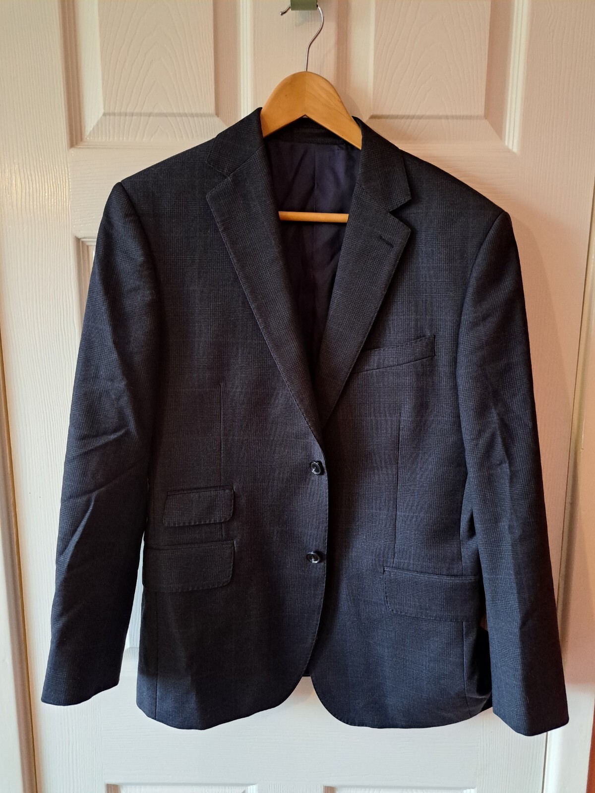 Tuta TM Lewin blu navy a quadri UK 38 corta Savile fila lana 2 pezzi London Jermyn