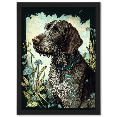 German Wirehead Pointer Dog Wildflowers Framed Wall Art Picture Print A3