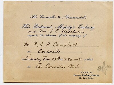 British Embassy Country Club invitation to Canada Consul in Shanghai China 1947