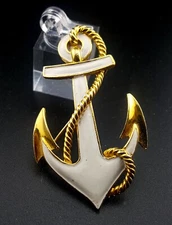 Vintage Trifari 2" Anchor Brooch Pin White Enamel w Gold Tone Rope Nautical