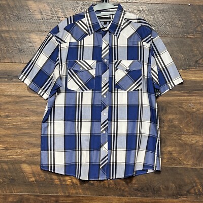 Studio 10 Snap Button Shirt Mens Size XXL Blue Plaid Long Sleeve Casual Preppy