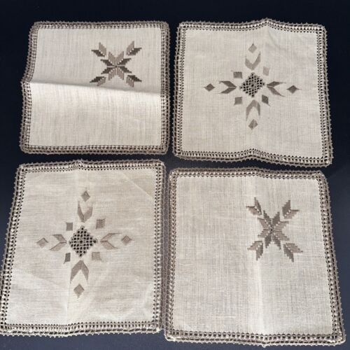 Lot of 4 Vtg.Kefkara Lace & Embroidery Beige & Brown Linen Cocktail Napkins - Picture 1 of 4