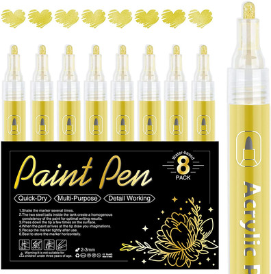 AKARUED Gold Paint Pen Paint Marker: 8 Pack Acrylic Gold Marker Metallic Paint P