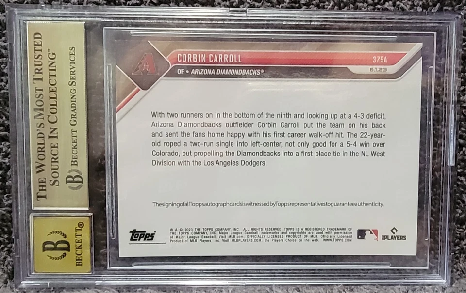 2023 Topps Now Corbin Carroll Rookie 1st Walk Off On Card Autograph /99 BGS 10 - Image 4 of 4