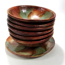 6 x Dryden Pottery Bowls + Plate Hot Springs Ar Drip Glaze Browns Greens Vtg