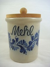 Alter Topf mit Holzdeckel, Steingut Keramik, Mehltopf / Mehl Salzglasur, 1 Liter