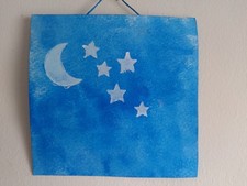 White Moon and Stars, Wall Art, Acrylic Paint, Blue/White, 5 x 4.875 in