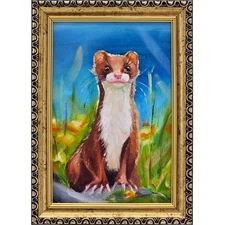 Original Oil Painting Weasel in Meadow Framed 4x6 Whimsical Animal Art