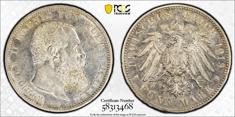 1913 F GERMANY Wurttemberg 3 Mark Silver Coin PCGS AU55