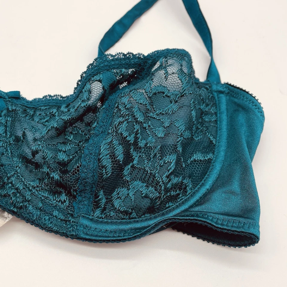 Vassarette Vintage 36D Unlined Lace Demi Underwire Bra Teal Retro Unpadded - Image 2 of 4