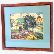 Folk Art Print Italian Farm Country Side 15"x13" Matted & Framed 