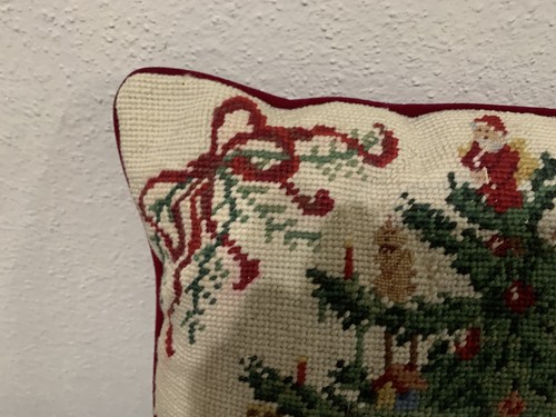 Needlepoint Wool Christmas Tree Throw Pillow Cover 14" Red Velvet Back Zipper - Picture 4 of 16
