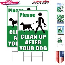 Bright Green Double-Sided Dog Poop Signs - 2 Pack with Metal Stakes, 12.6"x9.5"