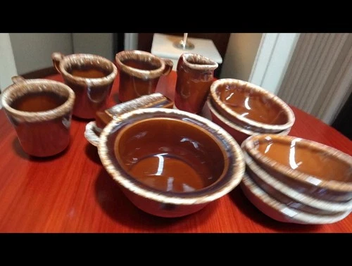 Lot Of Hull Pottery 3 Mugs, Butter Dish, 5 7" Bowls, 8" Casserole Dish