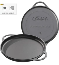 12 Inch Smooth & Light Cast Iron Griddle Pizza Pan - Pre-Seasoned COOKLIFE