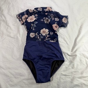 Chelsea B Girls Navy Floral Mesh High Neck Open Back Dance Leotard Child Large