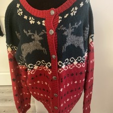 Vintage 1990 Eddie Bauer Wool Fair Isle Cardigan Sweater Reindeer Christmas Med