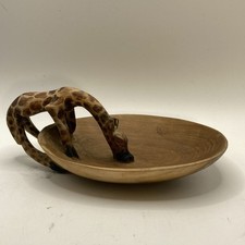 African Art Hand Carved Wood Bowl with Giraffe Drinking Trinket Dish Mint