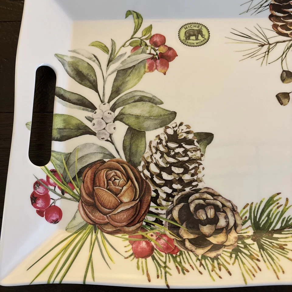 New! Michel Design Works Spruce Floral Serveware Large Serving Tray with Handles - Image 4 of 4