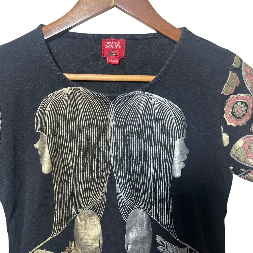 Vintage Miss Sixty Y2K Metallic Graphic Tee Women XL Italy Floral Foil Top Rare - Image 2 of 4