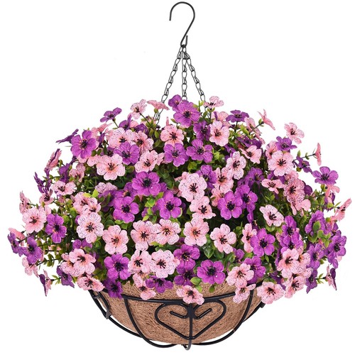 Artificial Flowers for Outdoors, Fake Hanging Plants Flowers with Basket, Fau...