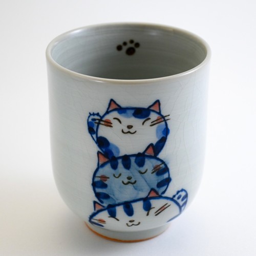 Japanese Handmade YUNOMI Chawan Tea Cup Set TORIO Cat Blue Seto ware Gift Box - Picture 8 of 11