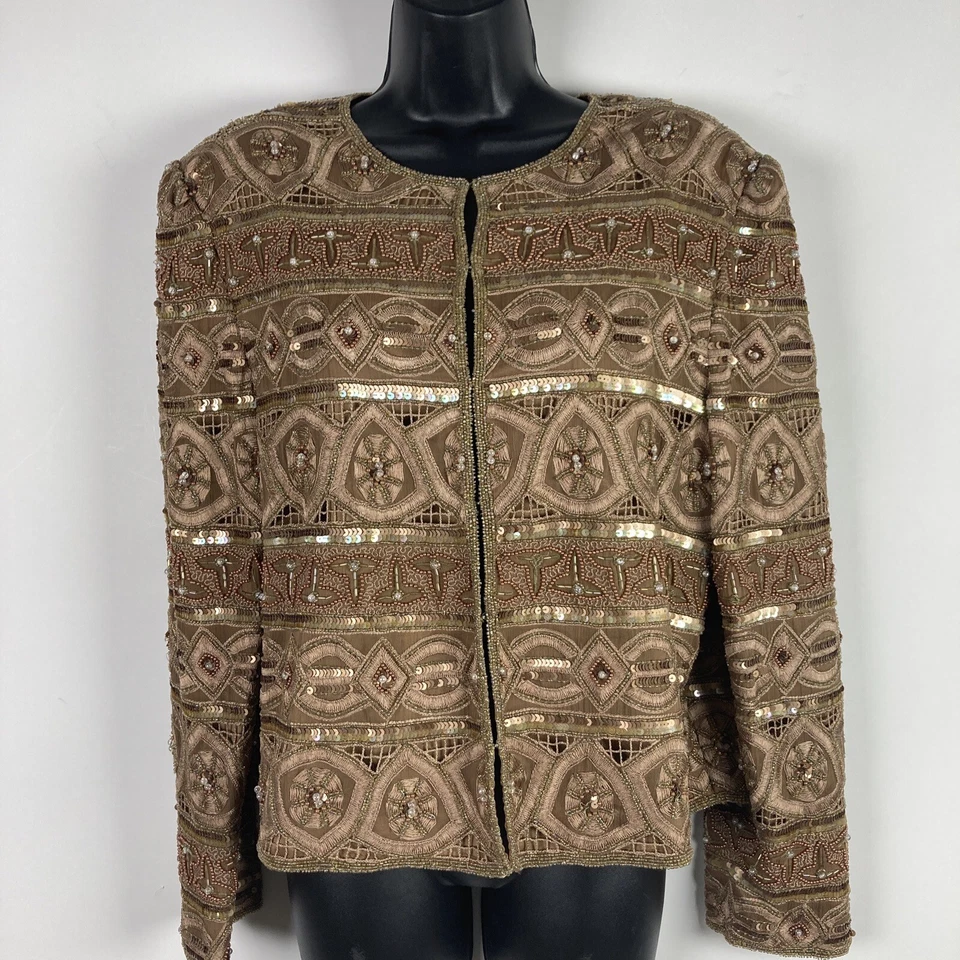 Chaqueta De Colección Scala Oro Rosa Cuentas Crochet L Fiesta Vacaciones Cóctel Formal Foto 2 de 4