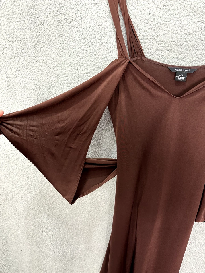 Vestido Vintage Guess Jeans Para Mujer’s M Marrón Hombro Frío Atado Trasero Y2K Boho Retro Foto 3 de 4