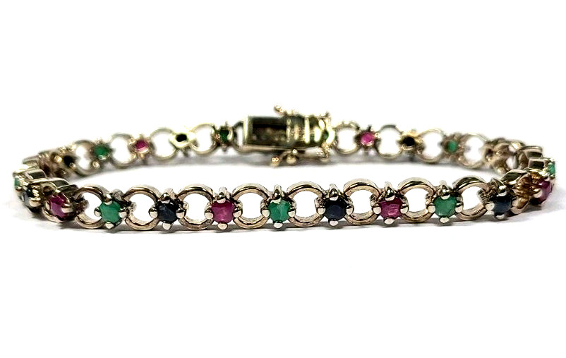 Sterling Silver Gold Tone Reddish Ruby Green Emer… - image 1