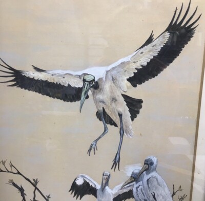 Crane Egret Stork Birds and Storkling Artist Signed Artwork Vintage Framed