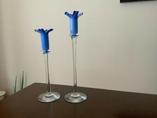 2 Strombergshyttan studio glass Signed blue glass candle stick holder Sweden