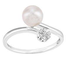 9ct White Gold Pearl and Natural Diamond Bypass Ring by Naava UK Hallmarked
