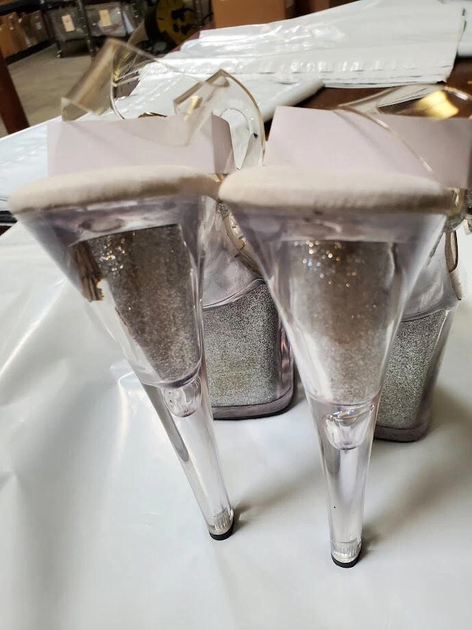 Sandalias Ellie 8" Tacón Correa Tobillo Brillo Zapatos Sandalias 821/GLITTER Plateadas Talla 7 Foto 4 de 4