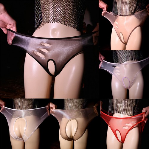 Womens Sexy Sheer Open Crotch Shorts Oil Shiny Glossy Briefs See Through Panti ф