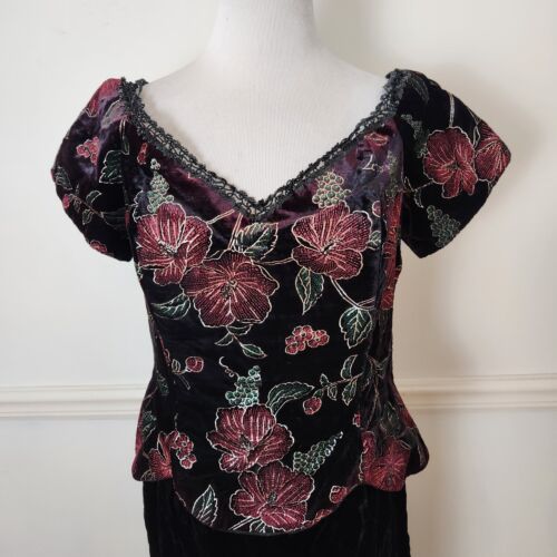 Vintage Scott McClintock Dress Sz 14 Womens Crushed Velvet Floral Midi Black Red - Picture 2 of 16